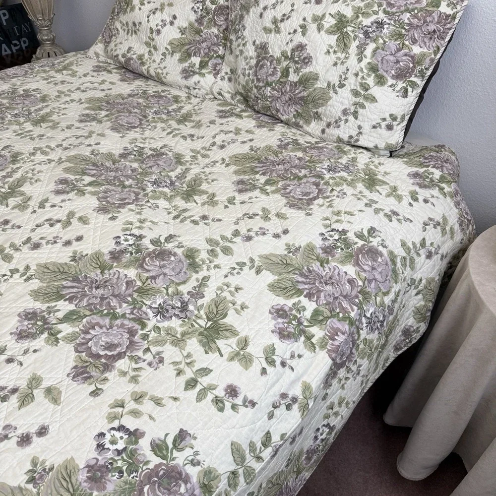 Vtg Cottagecore Quilt Full Queen Floral Shams Rose Reversible Striped Bedspread